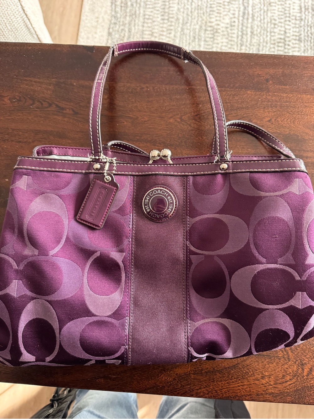 Coach Plum Signature Jacquard Tote with Leather Trim